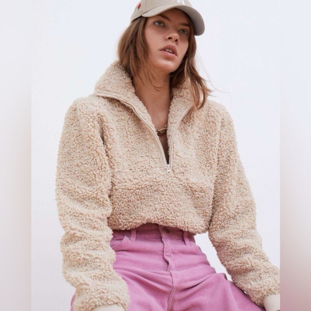For Love And Lemons Cropped Half Zip Teddy Sherpa Sweatshirt Tan Size S Casual